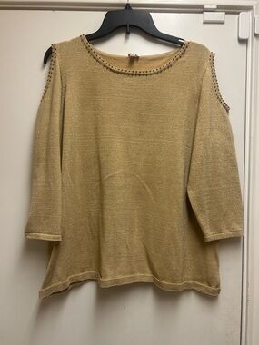 Reba Gold Off-Shoulder Stud-Trim Knit Sweater